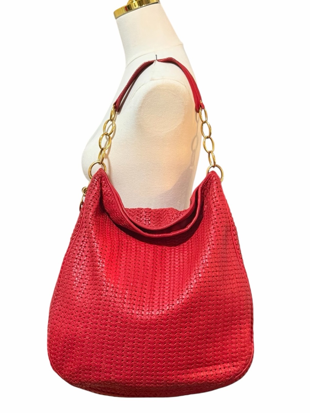 Christian Dior Avenue Woven Leather Tote Red with Gold Tone Hardware